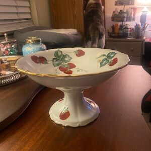 Vintage Haas & Czjzek porcelain strawberry Pedestal Bowl with Gold Trim